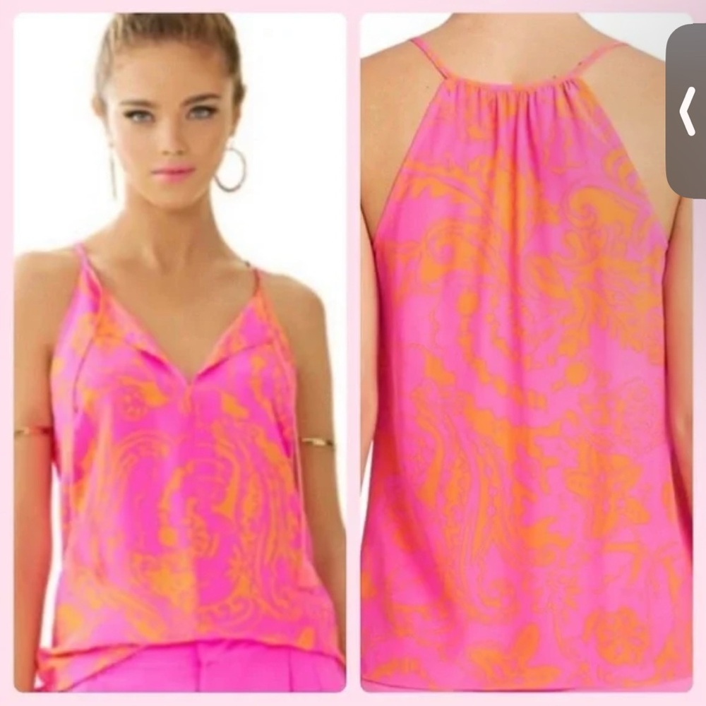 Lilly Pulitzer Finn Top Silk Pop Pink Orange Seaesta Tie Sleeveless Camisole 8 M